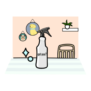 Illustration of a dining room scene with the Got Pee trigger sprayer bottle used to protect the surfaces